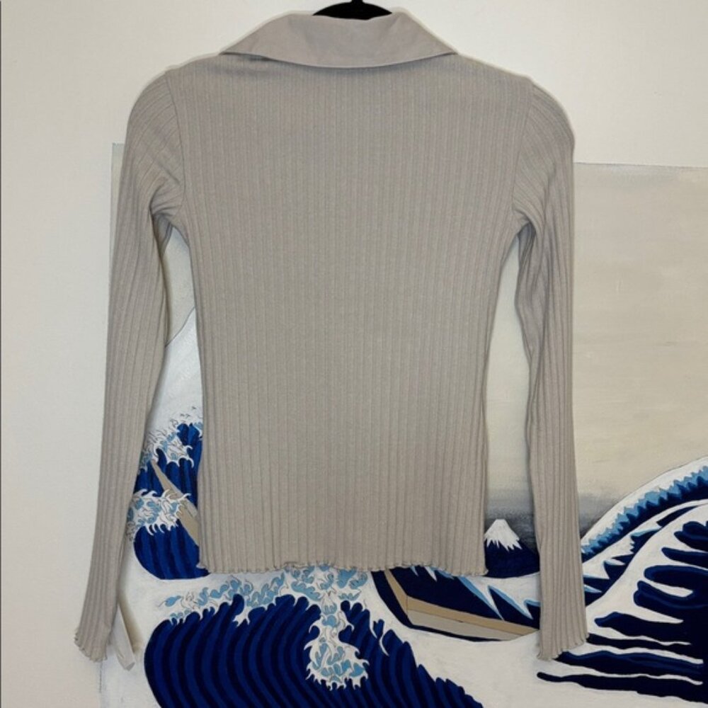 Vince Ribbed Polo-Collar Button-Front Cardigan Top in Salt Glass – Size XXS - Picture 3 of 11